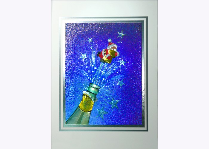 Rare Original Art Foil 3D High Quality Xmas Cards "Santa with Champagne"